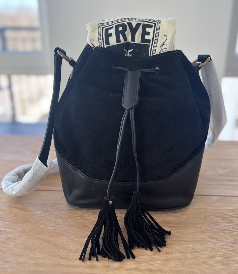NWT FRYE Black Suede Leather Crossbody Bucket Bag Inner Pockets, Tassel Closure
